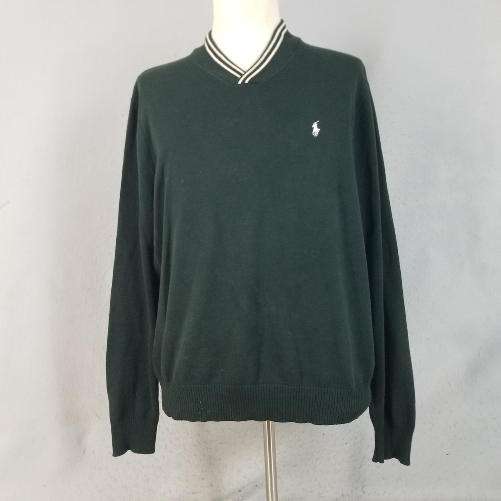 Polo Ralph Lauren Sweater Mens XL Green Polo Golf V-Neck Pima Cotton Italian